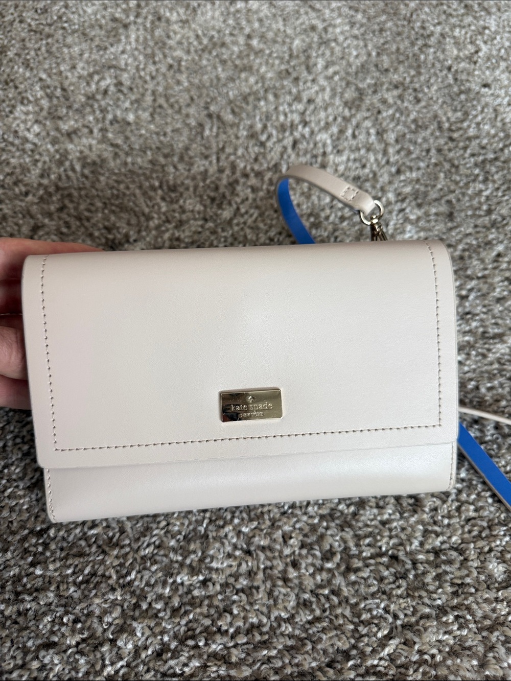 kate spade Cream Leather Crossbody with Blue Strap Accent
